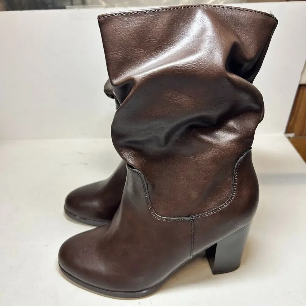 Style & Co Womens 7 M Brown Saraa Faux Leather Block Heel Boots DISPLAY QK9